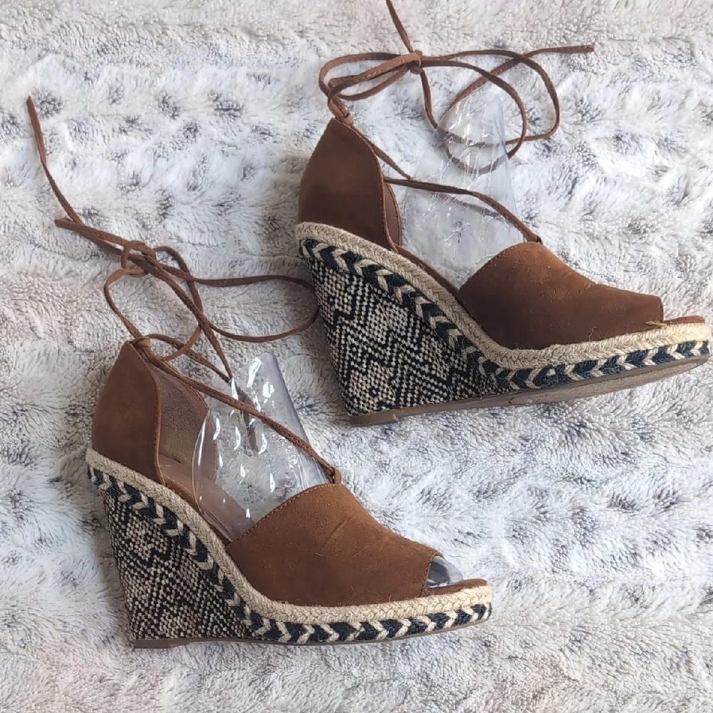 Sugar Faux Suede Shayla Espadrille Wedge Tie Brown Espadrille Sandals